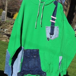 Bright Green Denim Patchworked Hoodie